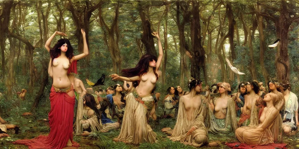 Prompt: a bellydancer dances on an altar in the middle of the forest, a multitude of birds gathers around her in praise, a painting by john william waterhouse, by John William Godward, by austin osman spare, symbolist painting, mist, volumetric render, digital painting, detailed painting, occult, sharp focus, intrincate details