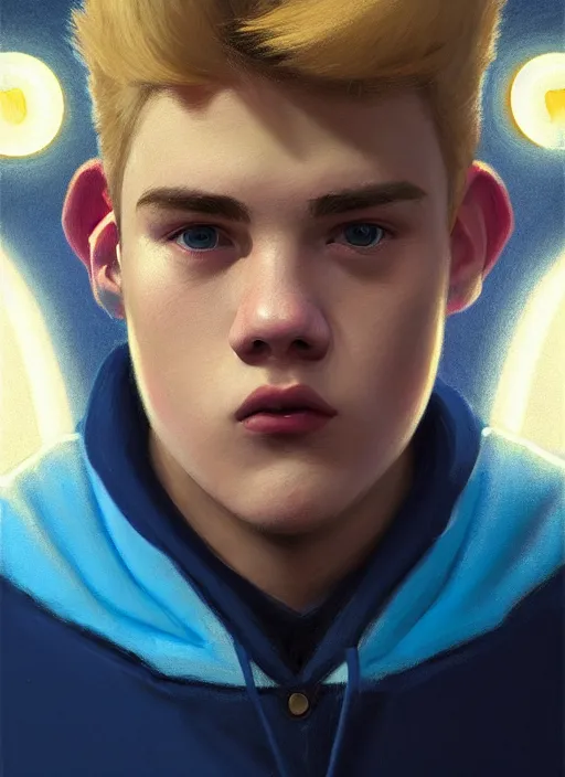 Image similar to portrait of high school senior boy named big moose, blonde short hair, jock, beefy, wide face, square jaw, square facial structure, blue varsity jacket with letter r, intricate, elegant, glowing lights, highly detailed, digital painting, artstation, concept art, sharp focus, illustration, art by wlop, mars ravelo and greg rutkowski