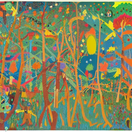 Prompt: colorful forest landscape in the style of Fred Tomaselli