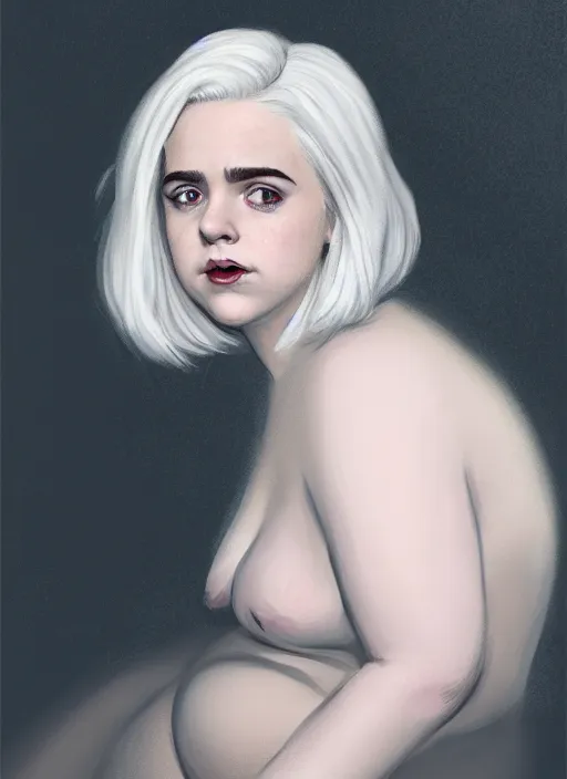 Image similar to full body portrait, kiernan shipka as sabrina spellman, white hair, obese, bangs, sultry, realistic, sultry smirk, fluffy bangs, freckles, fat, belly, intricate, elegant, highly detailed, digital painting, artstation, concept art, smooth, sharp focus, illustration, art by wlop, mars ravelo and greg rutkowski