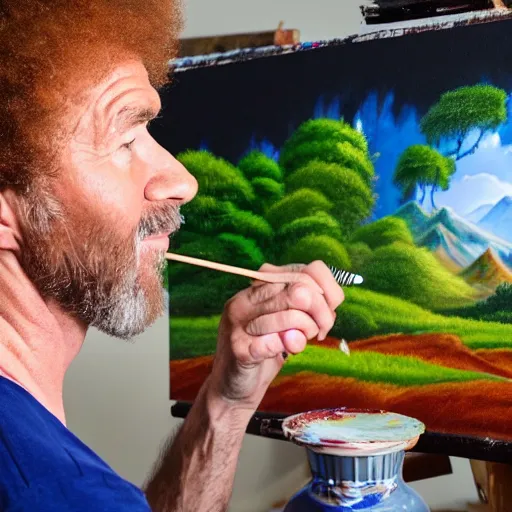 Image similar to a closeup photorealistic photograph of bob ross working on a canvas painting sonic the hedgehog. film still. brightly lit scene. mountain scape. this 4 k hd image is trending on artstation, featured on behance, well - rendered, extra crisp, features intricate detail, epic composition and the style of unreal engine.