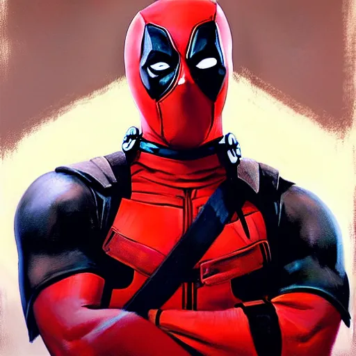 Image similar to Greg Manchess portrait painting of Deadpool as Overwatch character, medium shot, asymmetrical, profile picture, Organic Painting, sunny day, Matte Painting, bold shapes, hard edges, street art, trending on artstation, by Huang Guangjian and Gil Elvgren and Sachin Teng