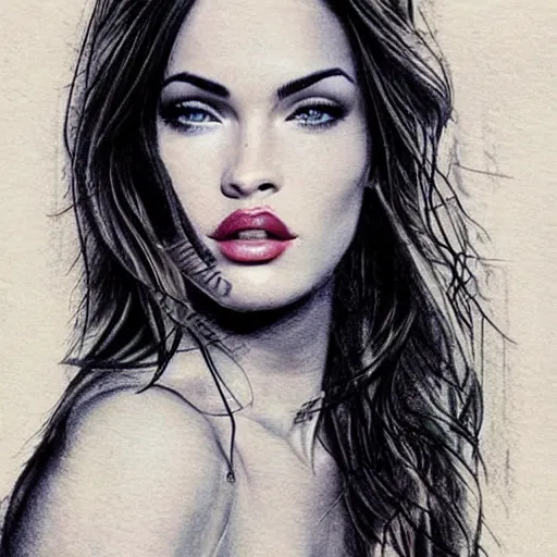 Image similar to realism tattoo sketch of double exposure megan fox with beautiful mountain scenery, in the style of andrey lukovnikov