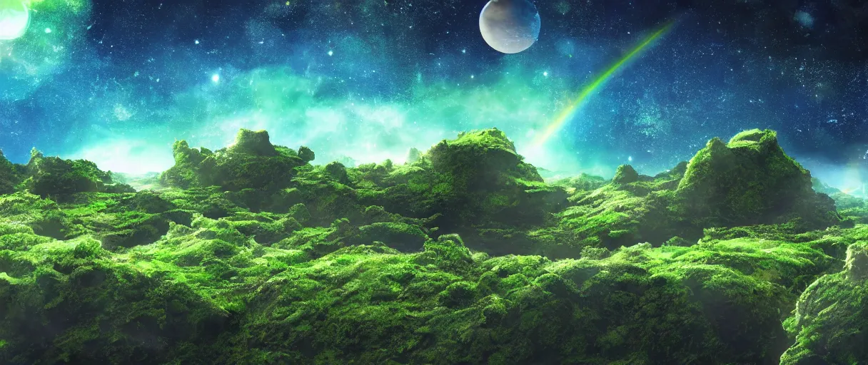 Image similar to a lush green crumbling island floating in space, debris, center of image, planets, stars, rainbows, nebula, asteroids, studio ghibli style, detailed, depth of field