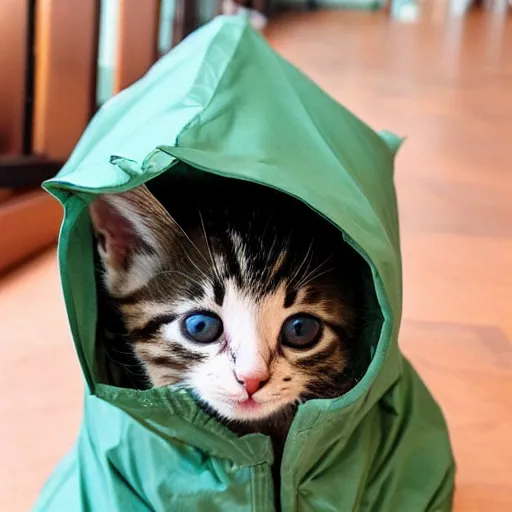 Image similar to a cute kitten wearing a raincoat