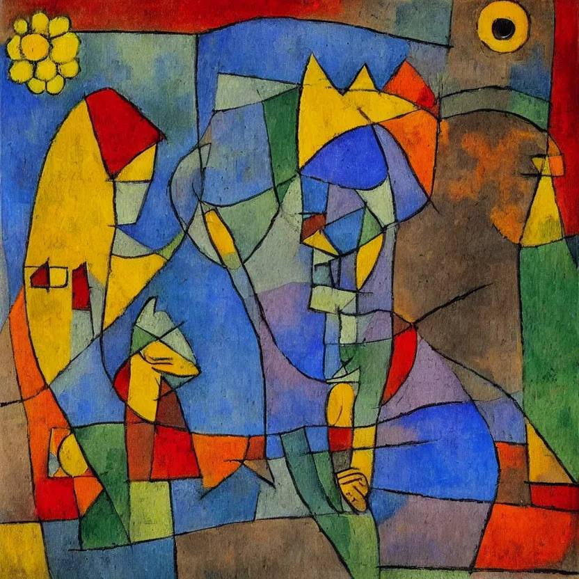 Prompt: a painting in the style of Paul Klee, a man looks through the window of an old house and sees a woman in a blue dress surrounded by sun flowers