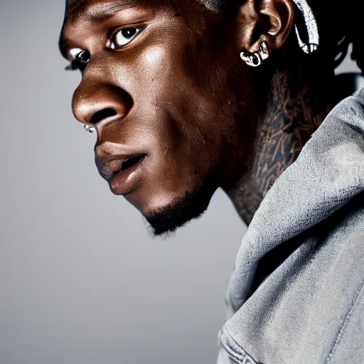 Image similar to a studio photograph of Young Thug, portrait, 40mm lens, shallow depth of field, close up, split lighting, cinematic