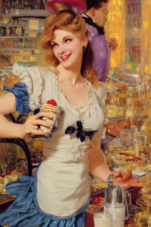 Prompt: illustration of a white female anthro wolf waitress serving milkshakes, 5 0's diner, 4 k, furaffinity, trending on artstation, very expressive face, energetic, bright colors, by gaston bussiere, craig mullins, j. c. leyendecker, gustav klimt, artgerm, greg rutkowski, alphonse mucha