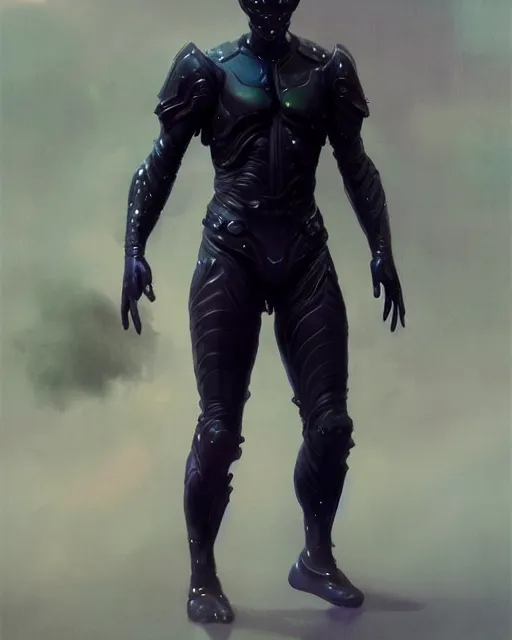 Prompt: toned character concept of iridescent sinewy smooth muscular male sleek glossy indigo black pearlescent scifi armor with continuous smooth black featureless helmet, by greg rutkowski, mark brookes, jim burns, tom bagshaw, magali villeneuve, trending on artstation