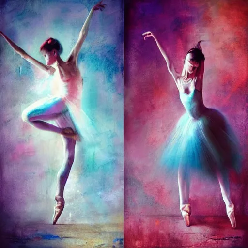 Prompt: ballet dancer movement by cy Twombly and BASTIEN LECOUFFE DEHARME, colorful, iridescent, volumetric lighting, abstract