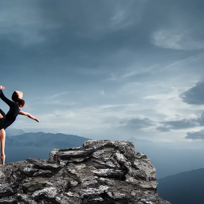 Image similar to a woman dancing on top of a very high surreal building on top of the mountains, nature, plants, fire, rocks, water, bark, hyper realism, high detail, octane render, 8k, chrome accents