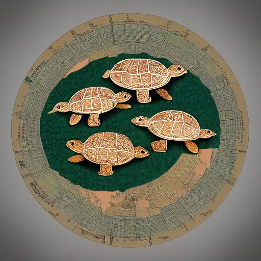 Image similar to a stack of turtles beneath a round disc map, ( ( ( ( pile of turtles ) ) ) )