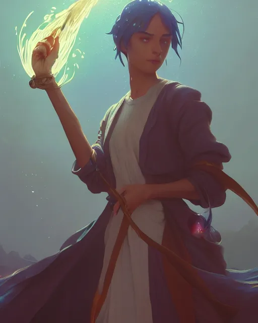 Image similar to highly detailed vfx portrait of a mage casting a water spell, unreal engine, greg rutkowski, loish, rhads, beeple, makoto shinkai and lois van baarle, ilya kuvshinov, rossdraws, tom bagshaw, alphonse mucha, global illumination, detailed and intricate environment