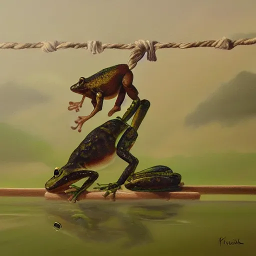 Image similar to a beautiful painting of singular frog graze a cow on a rope, trending on artstation