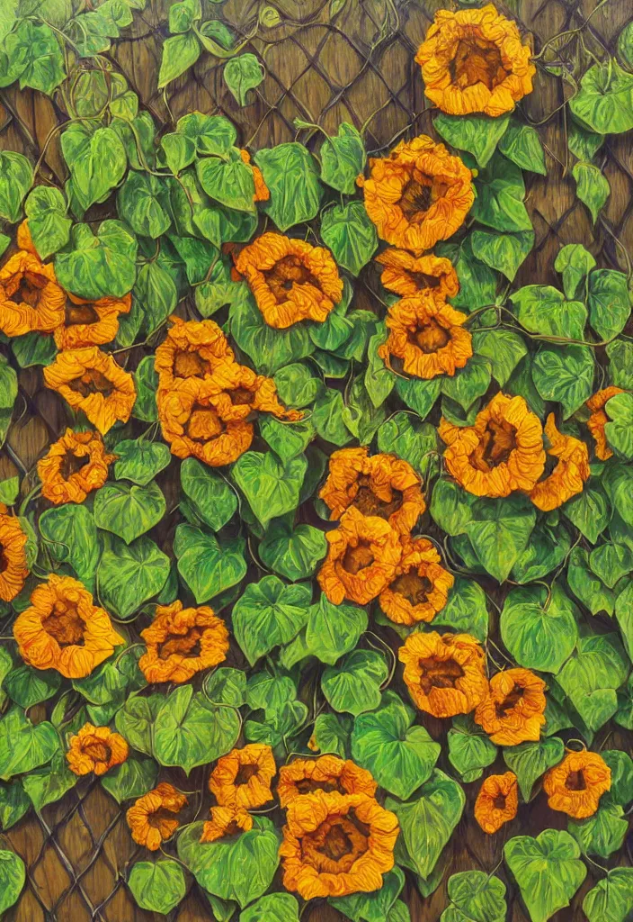 Prompt: award winning hyperrealistic artwork about entangled sunflowers and falling nasturtiums with vines on a wooden fence in the sky, high definition, fine details, closeup, macro