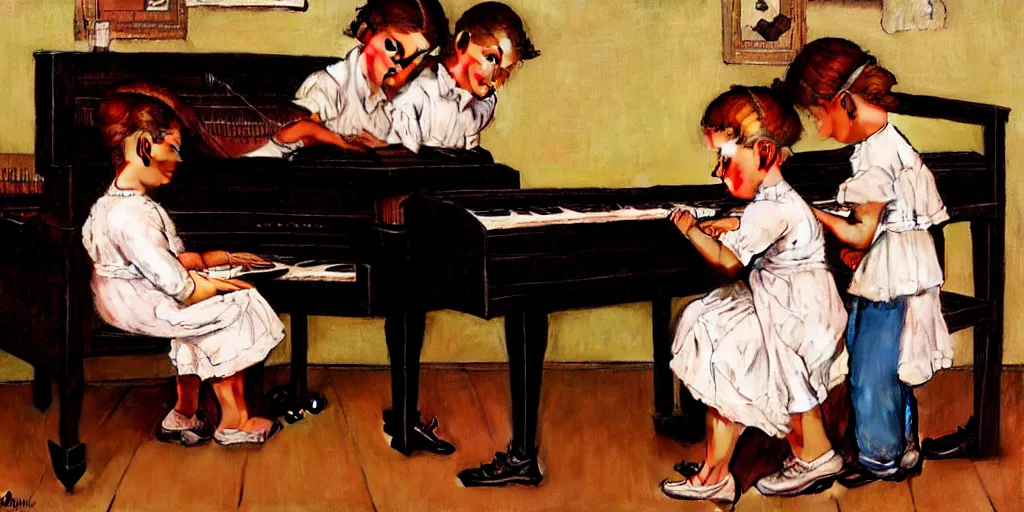 Image similar to Three children walk inside a piano by Norman Rockwell, hyper detailled, trending on artstation