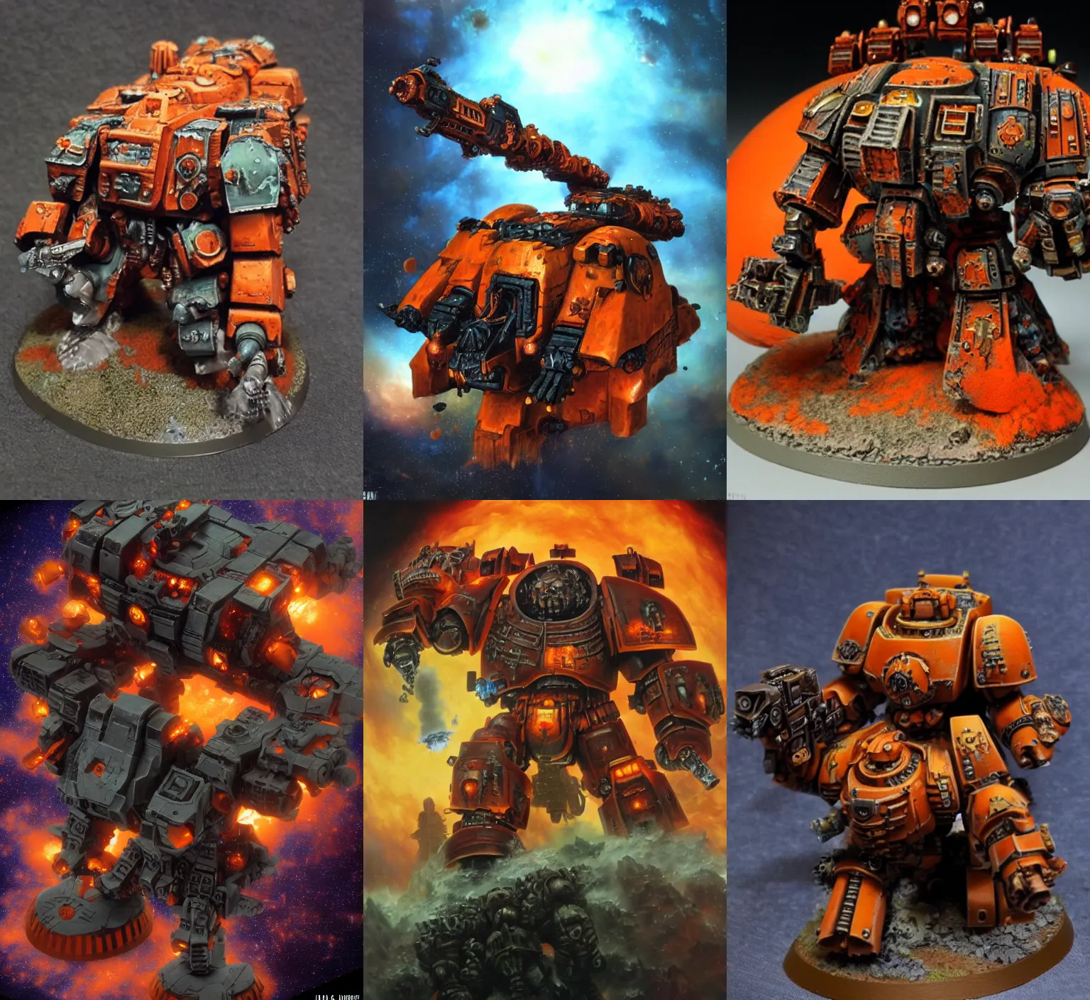 Prompt: a dreadnaught from warhammer 4 0 k, floating through orange nebula, giant guns