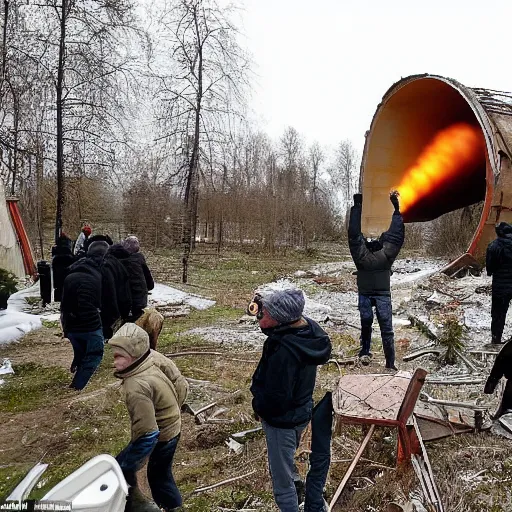 Image similar to on the territory of the Russian village house in Russia there is a large funnel after a missile strike near which a crowd of people gathered and takes pictures of it