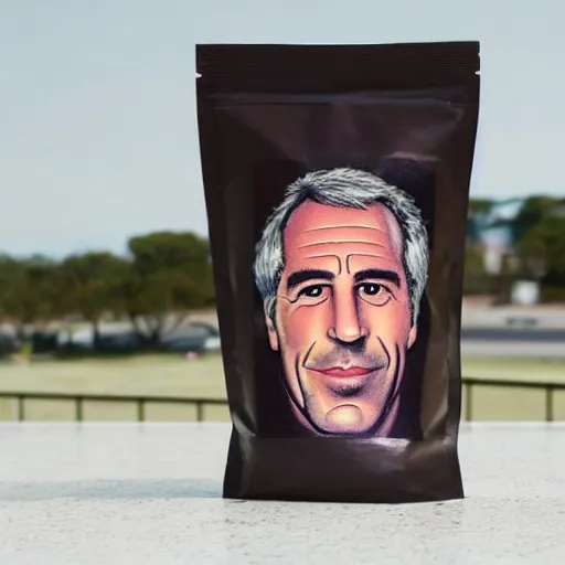 Image similar to A bag of coffee beans with Jeffrey Epstein depicted on the front