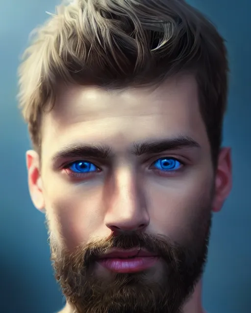 Image similar to portrait of a man in his mid - twenties with blue eyes, short dark blond hair, short beard, ultra realistic, epic, highly detailed, hd, sharp focus, cinematic lighting, realistic, dreamy, vivid colors, dreary, morose, matt painting, digital art, non blurry, sharp, artstation, concept art, smooth, illustration