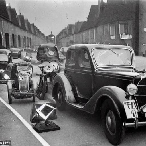 Image similar to In connection with the recent air-raid precautionary experiments in North Germany… motorists were required to join in the 'black out' at night. Headlights had to be covered with cloth hoods with small slits… Speeds of 15mph were not to be exceeded, 1937 photo