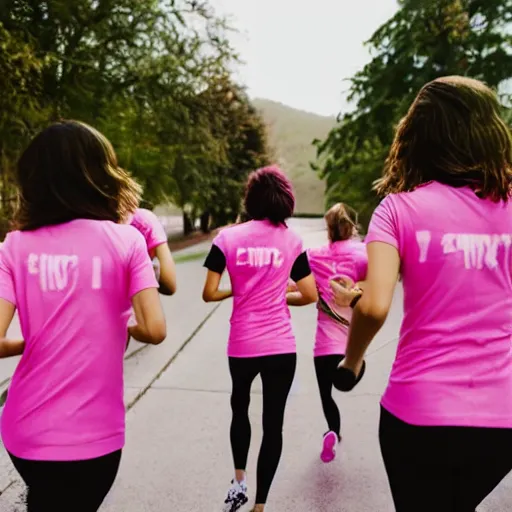 Image similar to group of woman running with pink t-shirts view from behind, front lit, cinematic, epic, 50mm