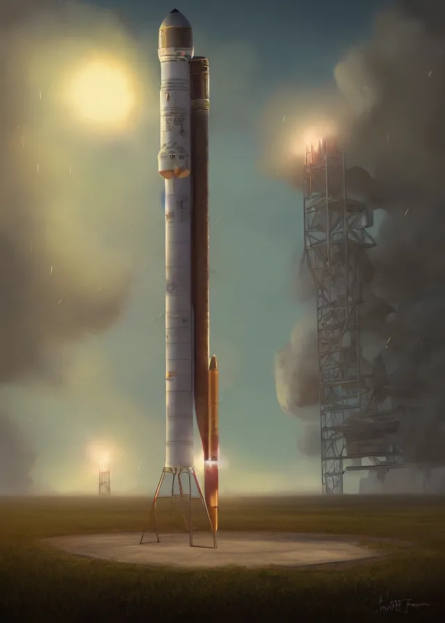 Prompt: epic professional digital art of vertical rocket on launch pad, at takeoff, ambient light, painted,, cinematic, detailed, grand, leesha hannigan, wayne haag, reyna rochin, ignacio fernandez rios, mark ryden, van herpen, artstation, cgsociety, epic, stunning, gorgeous, wow wow detail