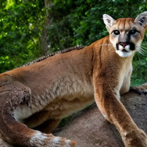 Image similar to mountain lion and crocodile hybrid animal, half crocodile half mountain lion, realistic picture taken in zoo