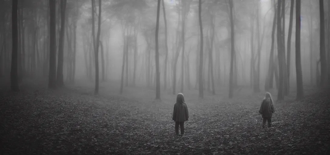 Prompt: little girl lost in misty forest, monochrome, analogue photo quality, fade, cinematic, 35mm