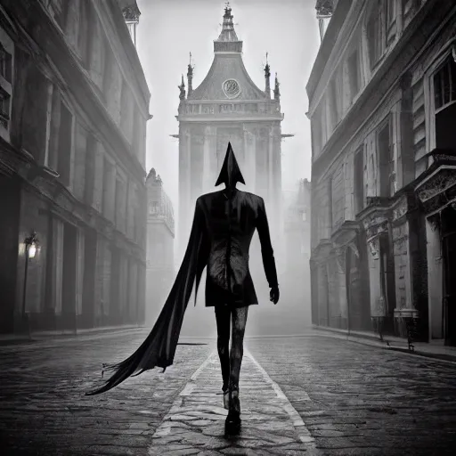 Image similar to terrifying vampiric creature walking through the center of old london city, oil painting, gloomy misty atmosphere, symmetrical, full body image, highly ornate intricate details, very sharp photo,