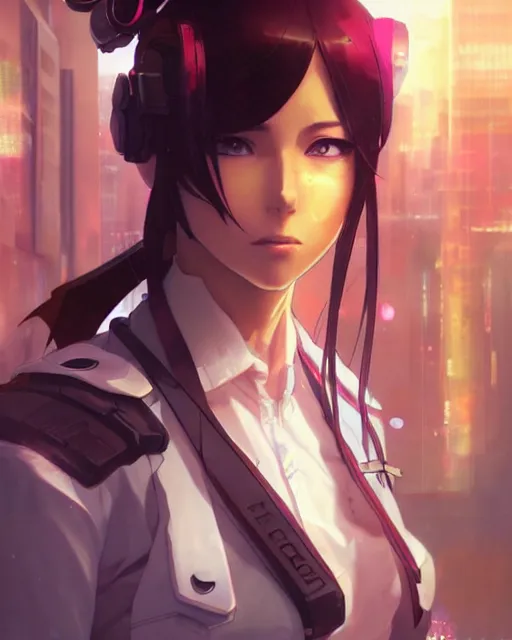 Image similar to anime key visual of a young female police officer, neon, cyberpunk, futuristic, stunning, highly detailed, digital painting, artstation, smooth, soft focus, rule of thirds, illustration, art by artgerm and greg rutkowski and alphonse mucha