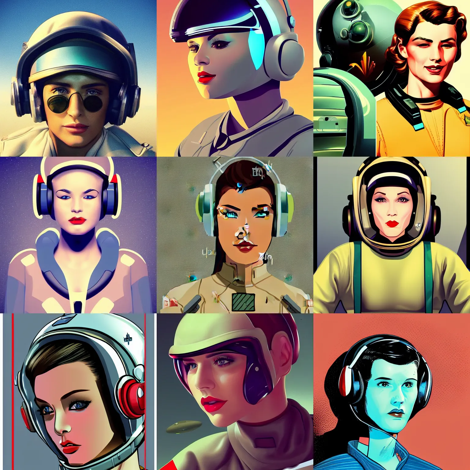 Prompt: cell shaded beautiful retro sci - fi female pilot beautiful face