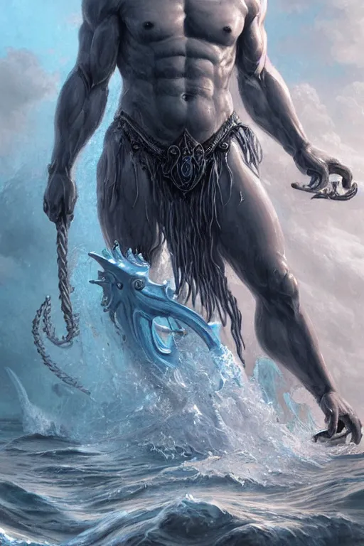 Image similar to poseidon humanoid god of the sea, trident, highly detailed, d & d, fantasy, highly detailed, digital painting, trending on artstation, concept art, sharp focus, illustration, art by artgerm and greg rutkowski and magali villeneuve