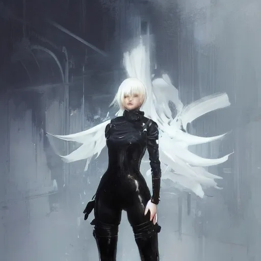 Image similar to painting of high detail yorha no. 2 type a wearing skintight leather jacket by jeremy mann, fantasy art, dynamic lighting, artstation, poster, volumetric lighting, 4 k, award winning