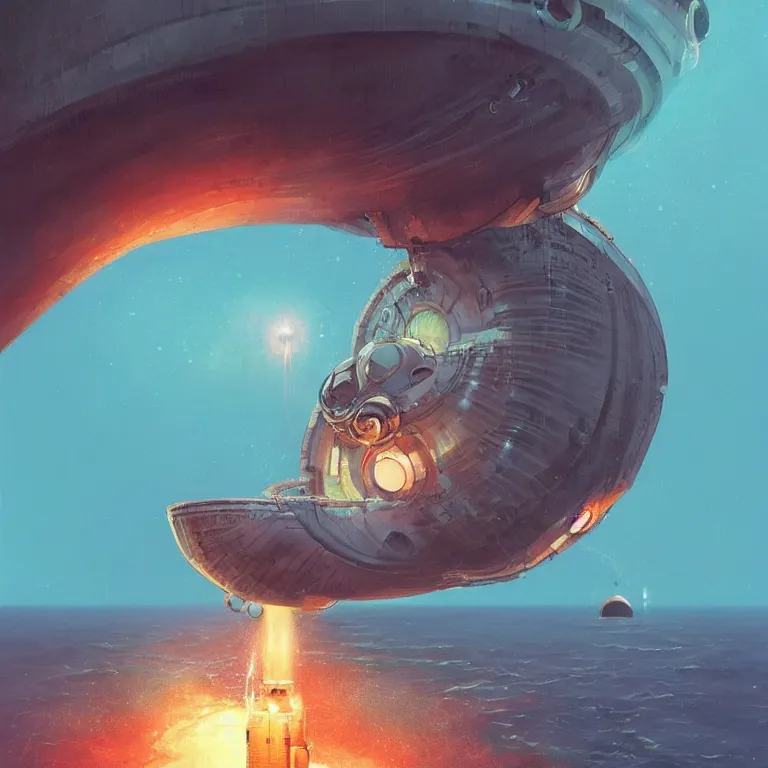 Prompt: round mechanical spaceship nautilus dripping wet emerging from a the ocean, launching to space, big booster rocket engines, sci - fi concept art, by john harris, by simon stalenhag, stunning, award winning