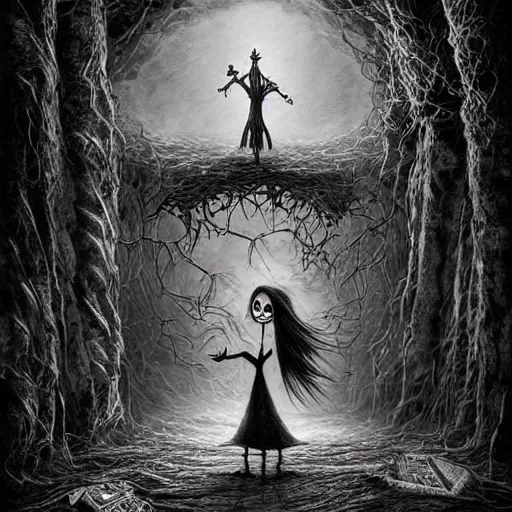 Image similar to grunge cartoon drawing of the end of the world by - michael karcz , in the style of corpse bride, loony toons style, horror themed, detailed, elegant, intricate