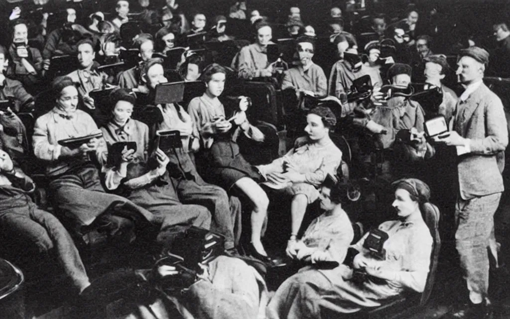 Image similar to 1 9 0 0 s photo of people using iphones ipods virtual reality headsets vr watching hd tv in a movie theater