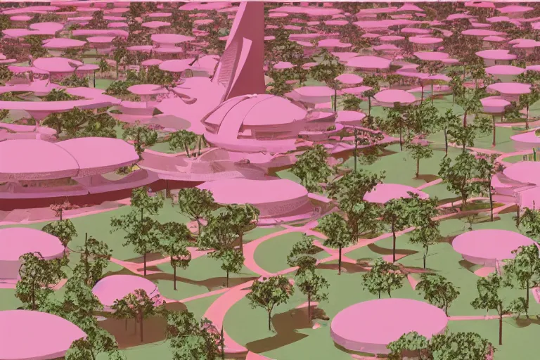 Image similar to aerial helicopter view over Maringá's Cathedral, lot of trees, some Ipê pink trees, retro futuristic illustration, made by Syd Mead. High density, ultra detailed