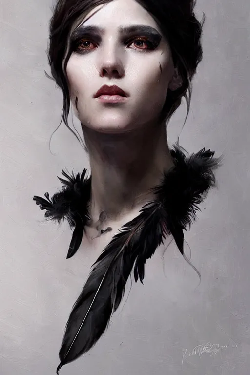 Image similar to hyper realistic portrait painting, beautifully rendered, gorgeous young witch with ceremonial markings and black feathers painted by greg rutkowski, wlop, artgerm, dishonored 2