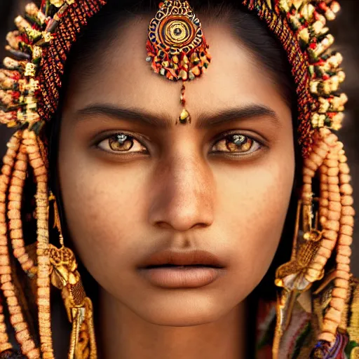 Image similar to portrait of a stunningly beautiful south asian tribal female, depth of field, zeiss lens, detailed, symmetrical, centered, fashion photoshoot, by Annie Leibovitz and Steve McCurry, David Lazar, Jimmy Nelsson, Breathtaking, 8k resolution, extremely detailed, beautiful, establishing shot, artistic, hyperrealistic, beautiful face, octane render