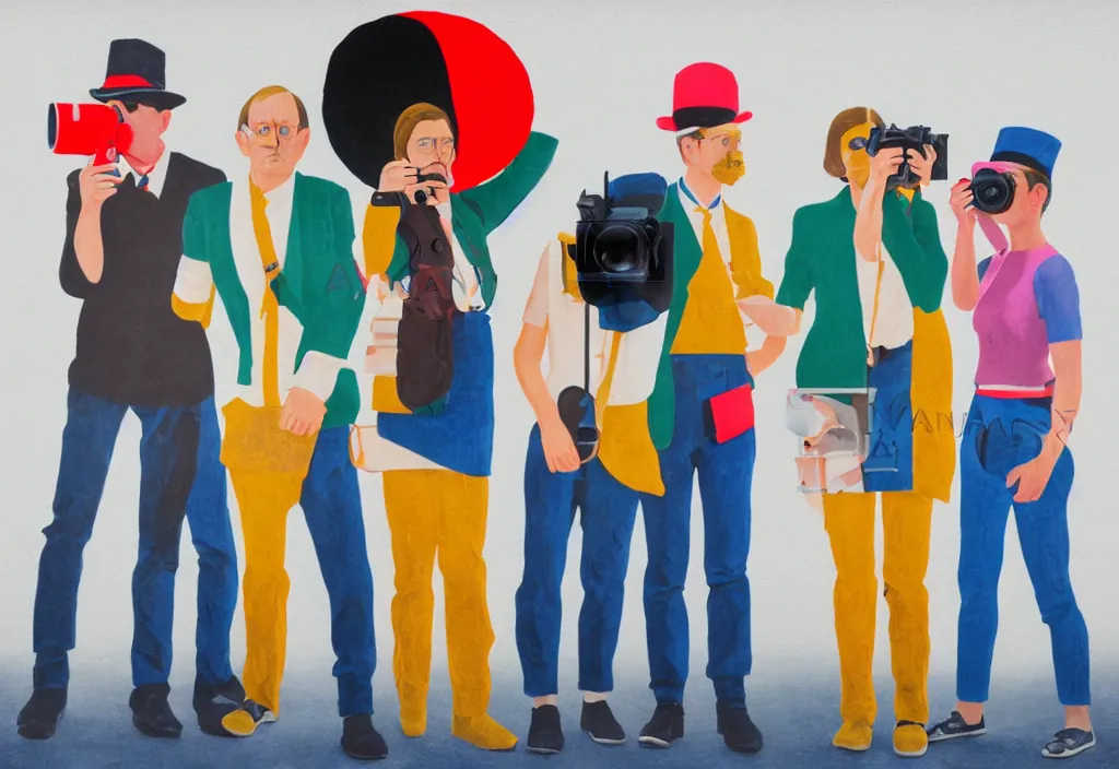 Image similar to full body portrait of a trio of european tourists with nikon cameras, various poses shooting photos, character designs painting, in the style of wes anderson, rene magritte, lola dupre, david hockney, isolated on white background, dark monochrome neon spraypaint accents volumetric octane render