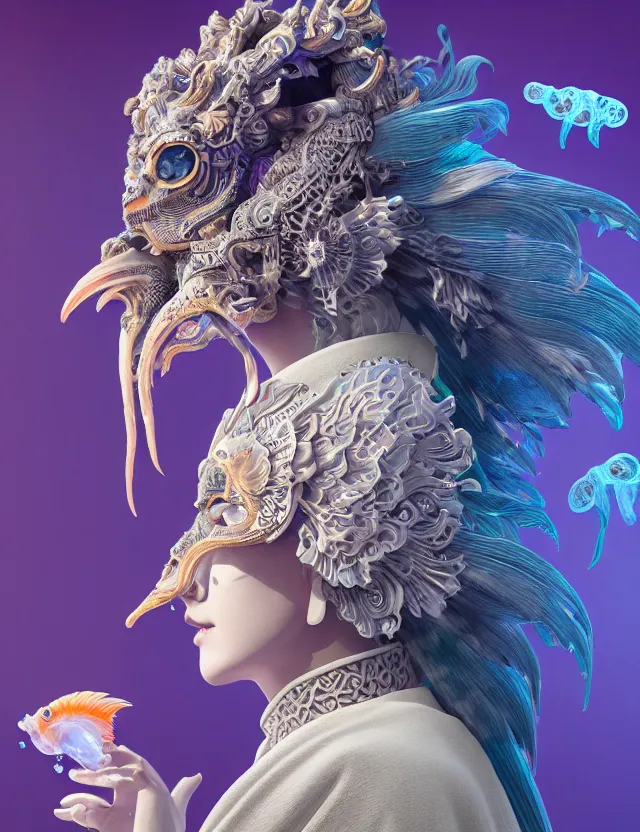 Image similar to 3 d goddess in robe close - up profile portrait with ram skull. beautiful intricately detailed japanese crow kitsune mask and clasical japanese kimono. betta fish, jellyfish phoenix, bio luminescent, plasma, ice, water, wind, creature, artwork by tooth wu and wlop and beeple and greg rutkowski