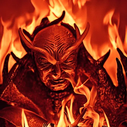 Prompt: The Devil with the face of Rupert Murdoch standing in front of his satanic army in hell, photo realistic, 35mm photograph, fire and flames and smoke, depth of field