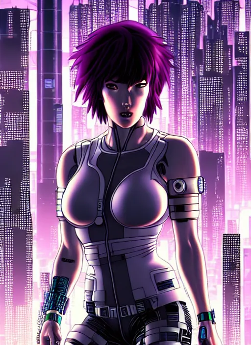 Image similar to motoko kusanagi in grungy cyberpunk megacity, intricate and finely detailed, cyberpunk vaporwave, portrait by j scott campbell, phil jimenez, ilya kuvshinov