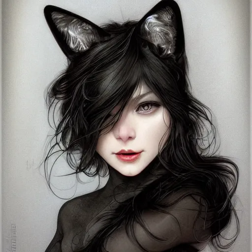 Image similar to a photograpic portrait of a anthropomorphic cat wearing black clothes, black hair, grey skin, grey mouse ears, fantasy, intricate, elegant, highly detailed, digital painting, artstation, smooth, sharp focus, illustration, art by artgerm and H R Giger and alphonse mucha