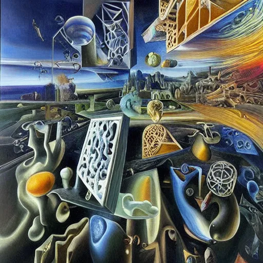 Prompt: a hd surrealism painting of 3d cast glass galactic hypercube sculptures buildings by salvia dali the second, salvador dali's much more talented painter cousin, 4k, ultra realistic