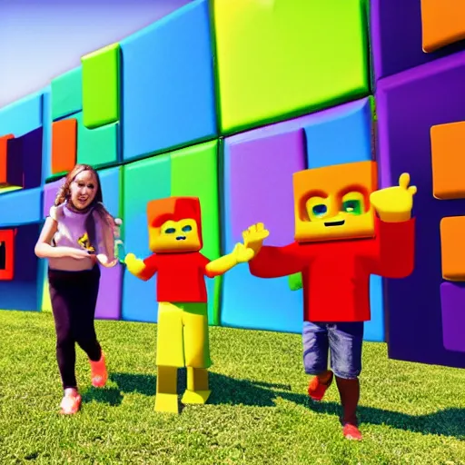 Image similar to photo of (kids with computers)!! outside in the sun, large roblox!! shapes floating all over, bright colors