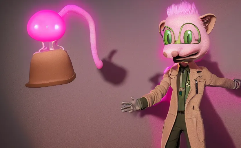 Prompt: a slimy pink ocelot that looks like an investigator, wearing a long beige trench coat, in the style of Pixar, CGI, octane render, trending on artstation, 8K