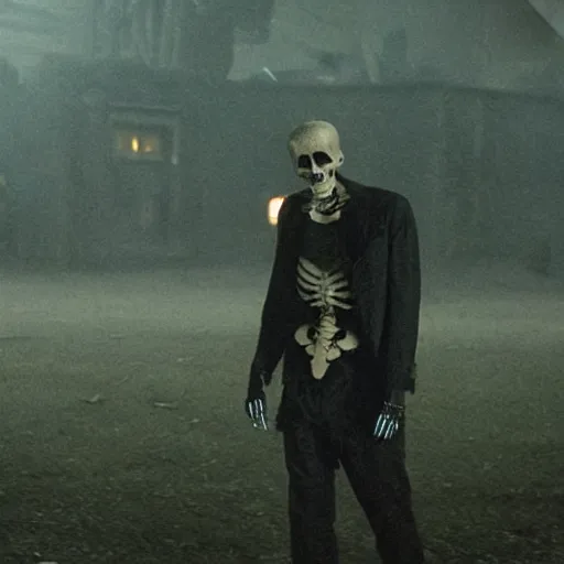 Prompt: a skeleton walking in a cemetery. still from blade runner.