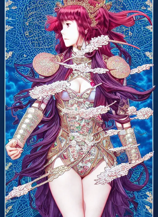 Image similar to highly detailed artgerm artstation minaba hideo fantastic fate katsuhiro otomo manga poster of dressed princess mechine, minaba hideo, long hair, armor, laces, ruffles, 8 k, fluorescent, maximalist, jump comics, art nouveau, takato yamamoto